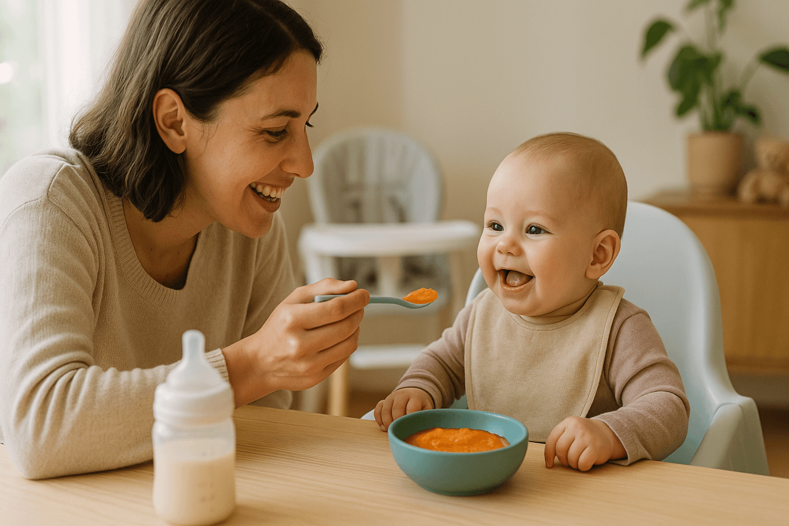 Create a warm, photo-realistic hero image showing a parent feeding a happy 6-month-old baby in a naturally lit home kitchen